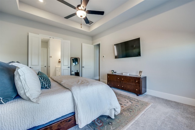 1154 20th St, Northlake, TX 76226 - bedroom with visible vents, baseboards, light colored carpet, connected bathroom, and a raised ceiling