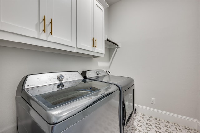 1154 20th St, Northlake, TX 76226 - washroom with tile patterned floors, baseboards, cabinet space, and washing machine and clothes dryer