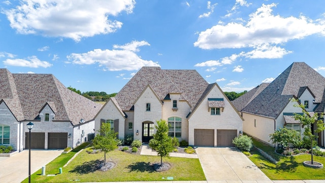 french provincial home featuring cooling unit, a garage, and a front yard