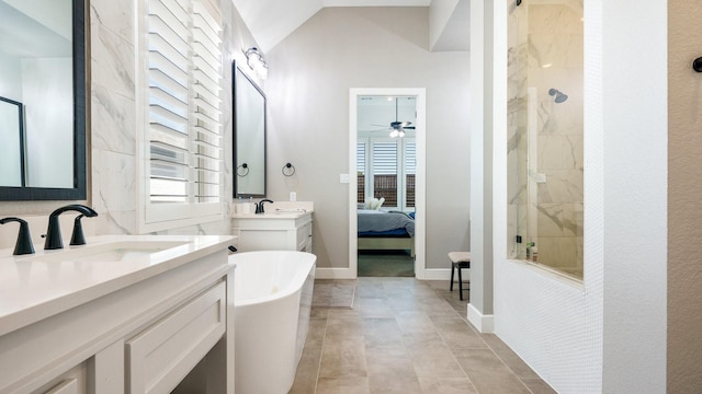 bathroom with vaulted ceiling, separate shower and tub, vanity, and ceiling fan