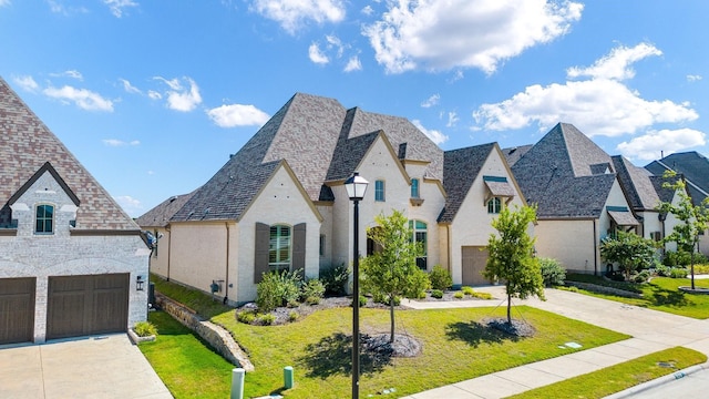 view of front of home with a garage and a front lawn