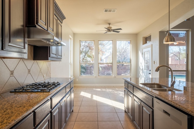 kitchen featuring stainless steel appliances, sink, and dark brown cabinets