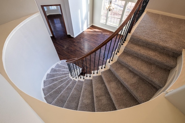 stairs with a chandelier and hardwood / wood-style floors