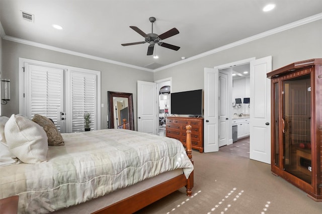 bedroom with access to exterior, crown molding, ceiling fan, and ensuite bathroom