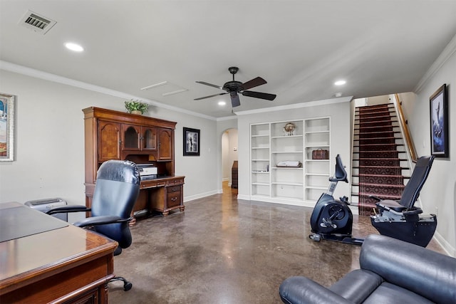 office area with ornamental molding, built in features, and ceiling fan