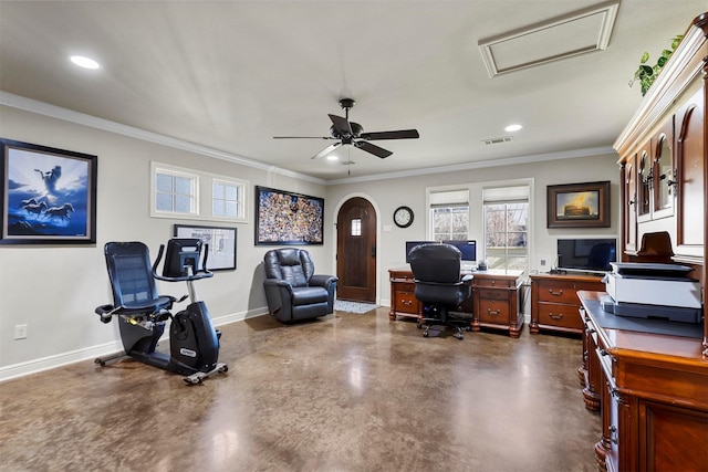 office with crown molding and ceiling fan