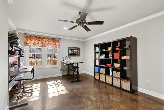 office with crown molding and ceiling fan