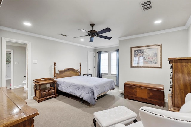 bedroom featuring light carpet, ornamental molding, and ceiling fan