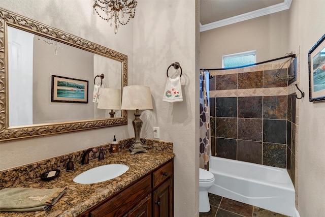 full bathroom featuring vanity, toilet, crown molding, an inviting chandelier, and shower / bath combo with shower curtain