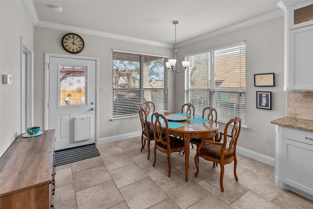 dining area with ornamental molding, light tile patterned floors, and a chandelier