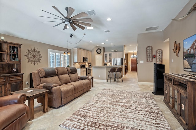 living room featuring ceiling fan