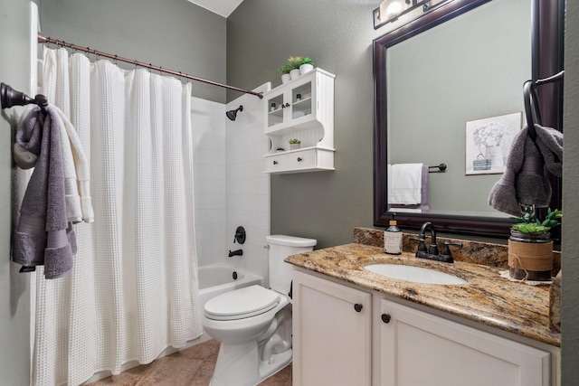 full bathroom with vanity, tile patterned floors, shower / bath combination with curtain, and toilet