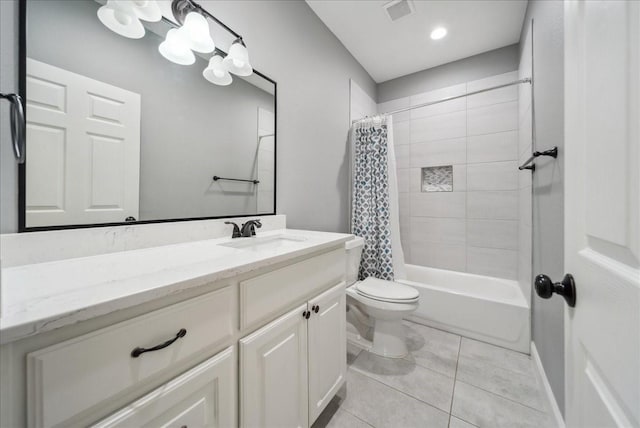 full bathroom with vanity, shower / tub combo, tile patterned flooring, and toilet