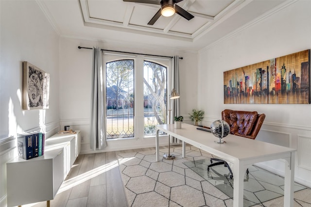 office area with crown molding, coffered ceiling, ceiling fan, and light hardwood / wood-style floors