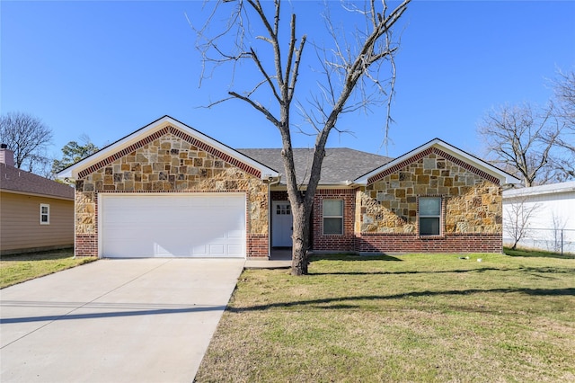 single story home with a garage and a front lawn