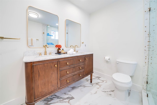 full bathroom featuring marble finish floor, baseboards, a sink, and toilet