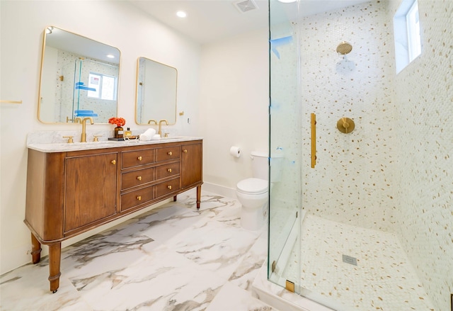 full bath featuring marble finish floor, walk in shower, and a sink