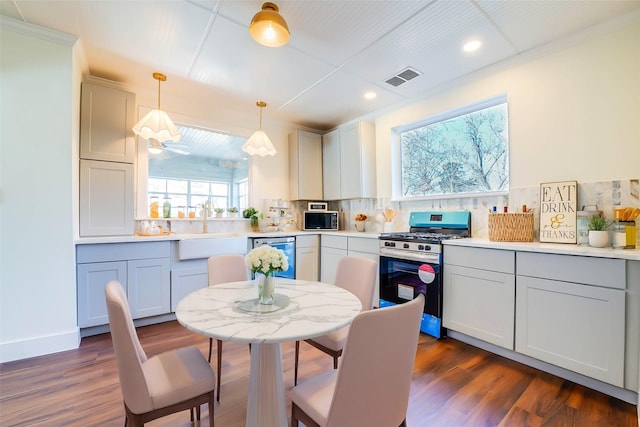 kitchen with dark hardwood / wood-style floors, decorative light fixtures, sink, decorative backsplash, and stainless steel appliances