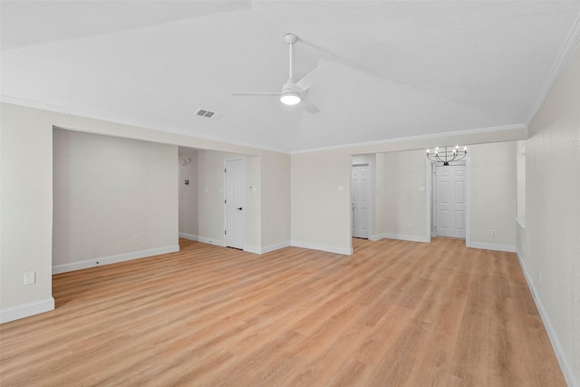 interior space featuring crown molding, ceiling fan with notable chandelier, and light wood-type flooring