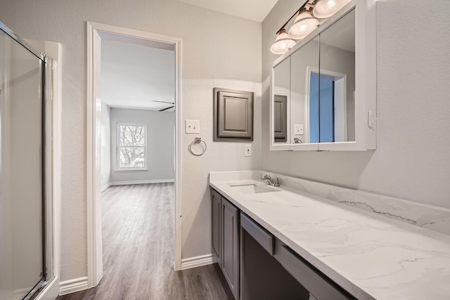 bathroom with vanity, hardwood / wood-style floors, and a shower with door