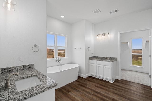 bathroom featuring hardwood / wood-style flooring, vanity, a wealth of natural light, and a washtub