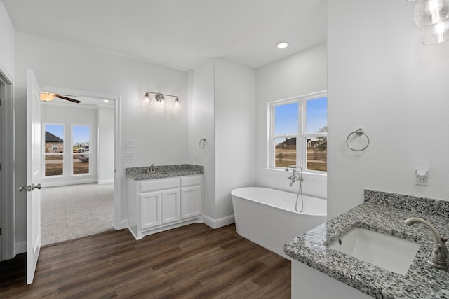 bathroom with vanity, a bath, hardwood / wood-style flooring, and plenty of natural light