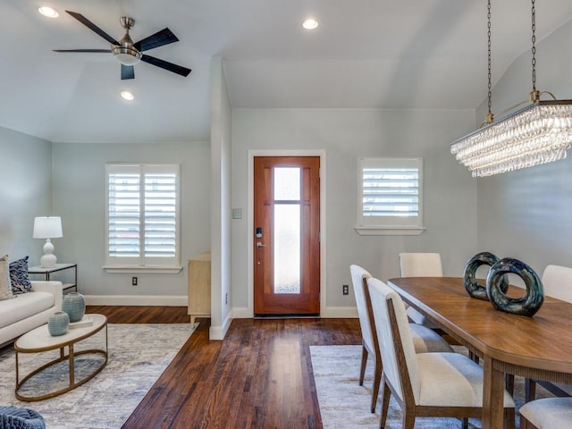 interior space with ceiling fan, dark hardwood / wood-style floors, and a healthy amount of sunlight