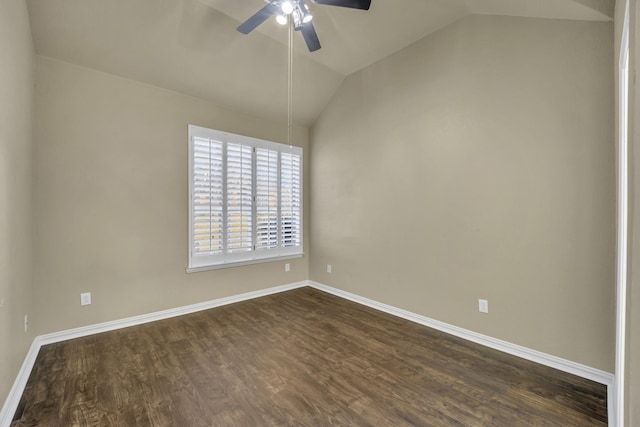 unfurnished room featuring ceiling fan, dark hardwood / wood-style flooring, and vaulted ceiling