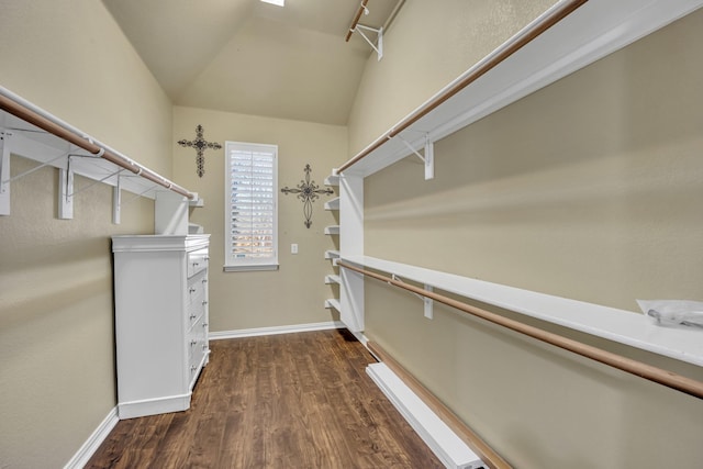 walk in closet featuring vaulted ceiling and dark hardwood / wood-style floors