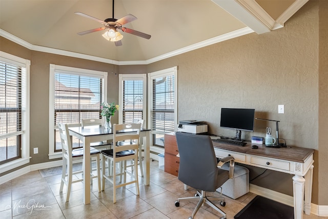 home office with ceiling fan, lofted ceiling, plenty of natural light, and ornamental molding