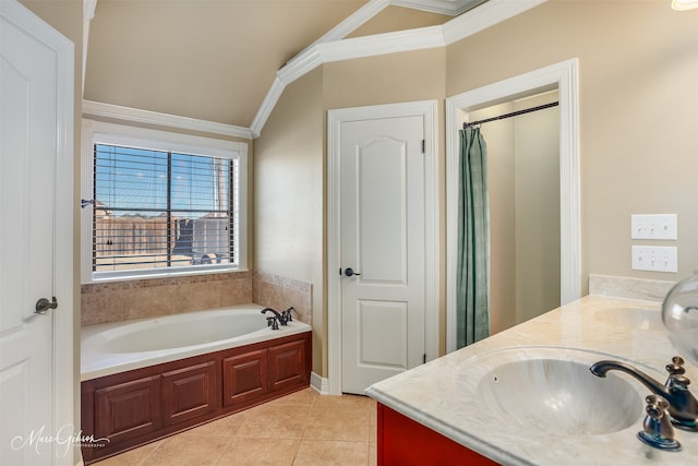 bathroom featuring tile patterned flooring, vanity, ornamental molding, vaulted ceiling, and independent shower and bath