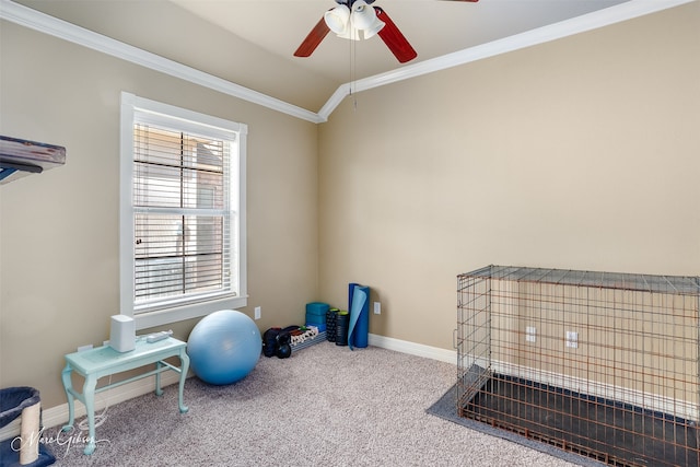 workout area featuring crown molding, carpet, lofted ceiling, and ceiling fan