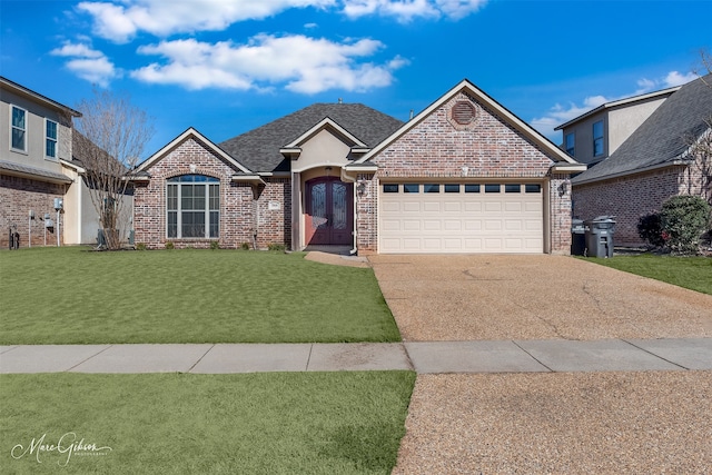 view of front of property featuring a garage, a front lawn, and french doors