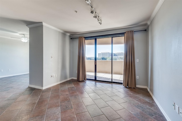 unfurnished room with crown molding, track lighting, and ceiling fan