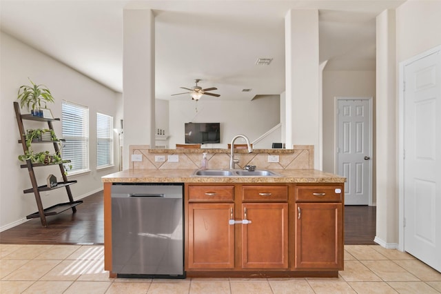 kitchen featuring light tile patterned flooring, tasteful backsplash, sink, stainless steel dishwasher, and ceiling fan