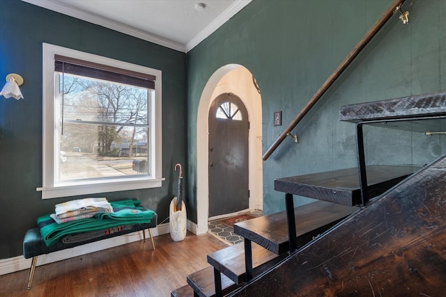 entryway featuring hardwood / wood-style flooring and crown molding