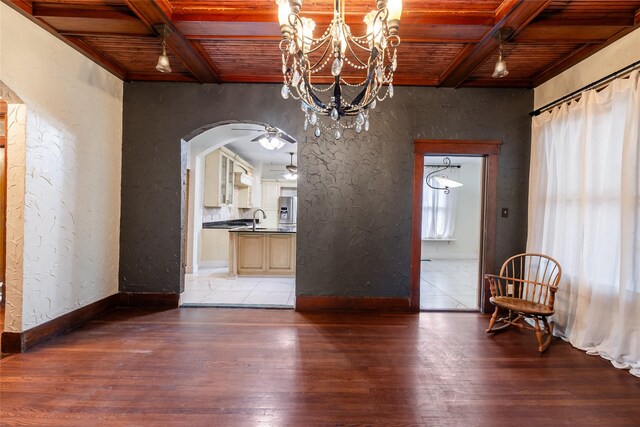 unfurnished dining area featuring sink, wooden ceiling, and hardwood / wood-style floors