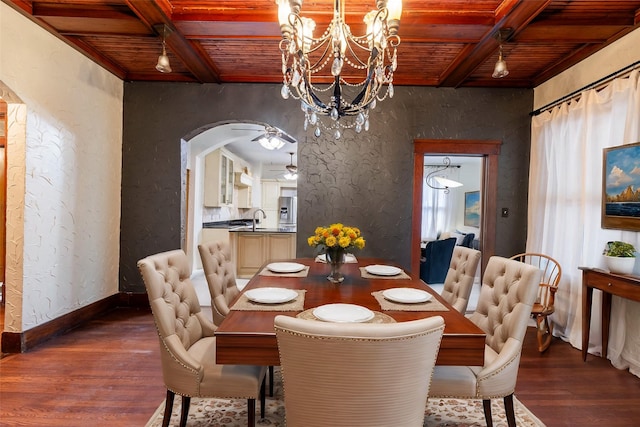 dining area with dark hardwood / wood-style flooring, sink, and wooden ceiling