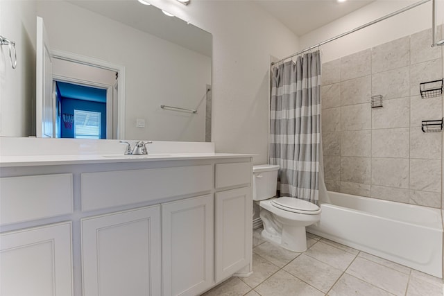 full bathroom featuring vanity, toilet, tile patterned flooring, and shower / bath combo with shower curtain