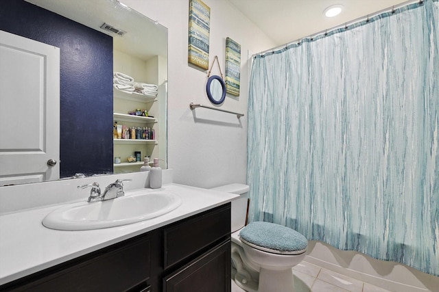 full bathroom with shower / bathtub combination with curtain, vanity, toilet, and tile patterned flooring