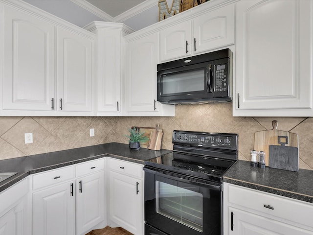 kitchen with white cabinets, black appliances, tasteful backsplash, dark countertops, and crown molding