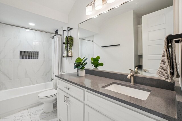 3426 Borger St, Dallas, TX 75212 - full bath featuring toilet, vanity, shower / bath combination with curtain, and marble look tile flooring