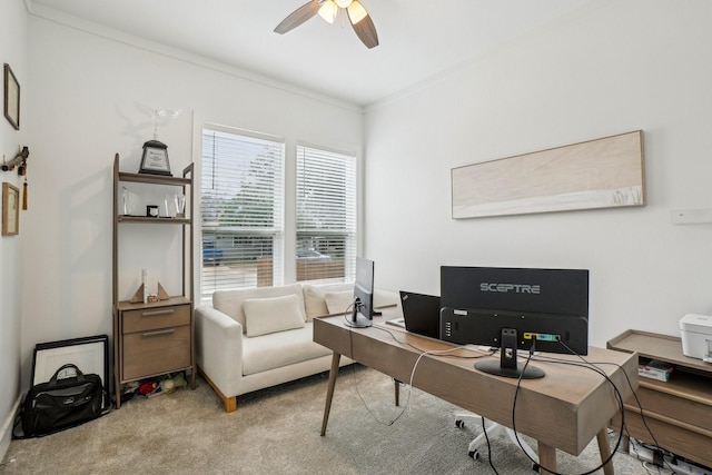 carpeted office space featuring crown molding and ceiling fan