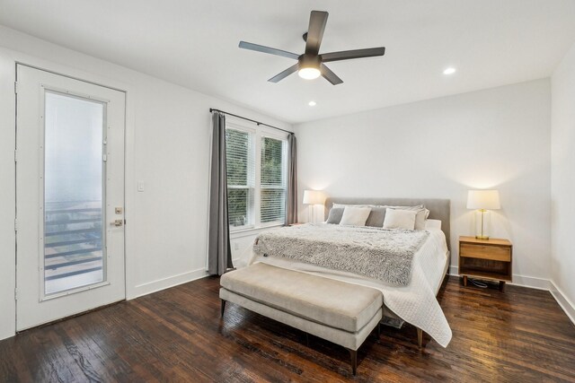 3426 Borger St, Dallas, TX 75212 - bedroom with dark wood-style floors, baseboards, recessed lighting, and ceiling fan