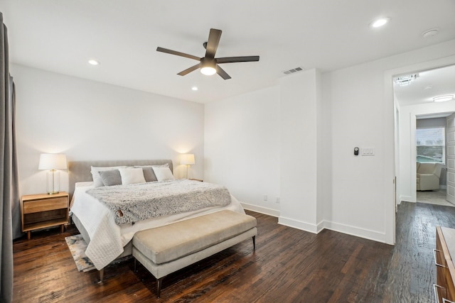 3426 Borger St, Dallas, TX 75212 - bedroom featuring dark wood-type flooring, recessed lighting, baseboards, and a ceiling fan