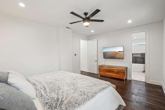 3426 Borger St, Dallas, TX 75212 - bedroom featuring recessed lighting, dark wood-style floors, baseboards, a ceiling fan, and connected bathroom