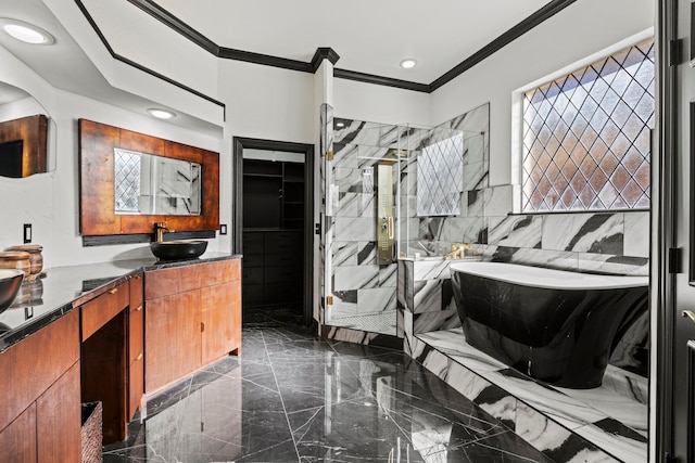 bathroom featuring vanity, crown molding, and independent shower and bath