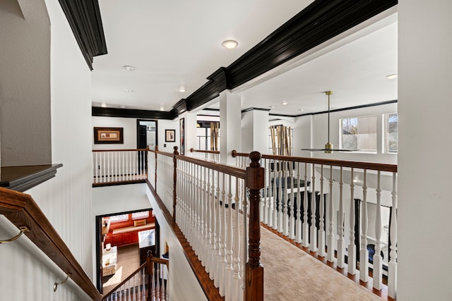 corridor featuring light carpet and ornamental molding