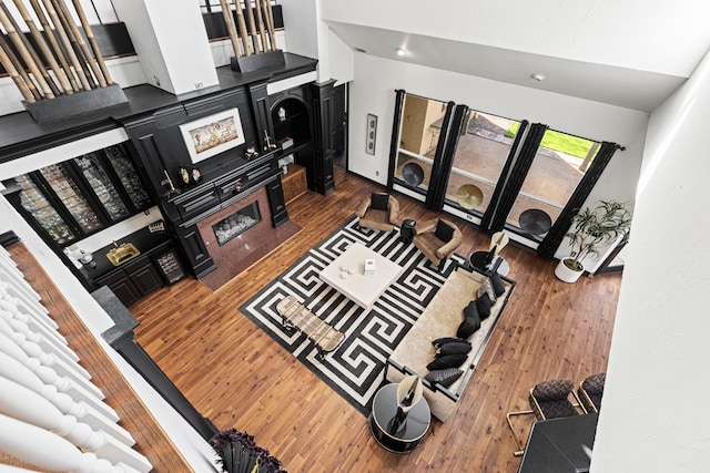 living room featuring a high ceiling and dark hardwood / wood-style floors