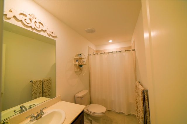 full bathroom featuring tile patterned flooring, vanity, shower / tub combo, and toilet